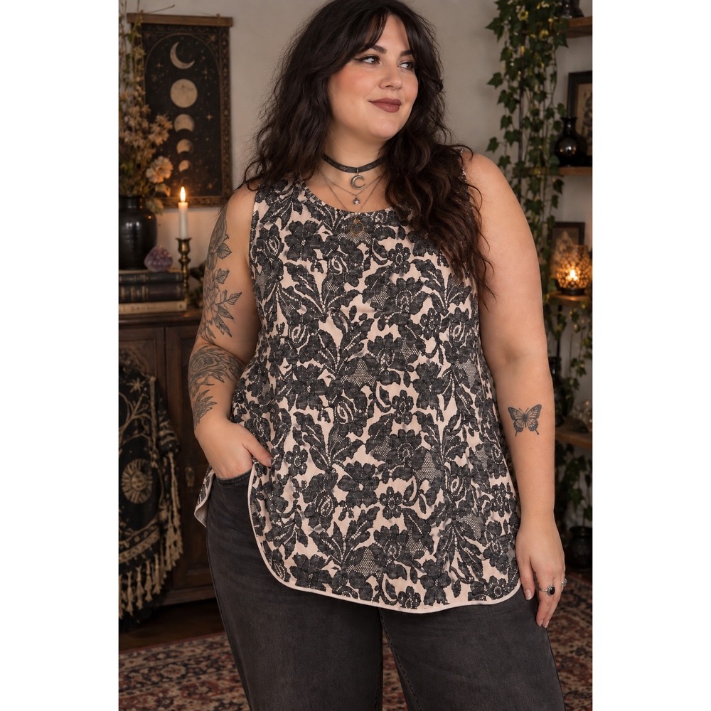 Lane Bryant Pink Black Floral Lace Print V-Neck High-Low Sleeveless Blouse 16